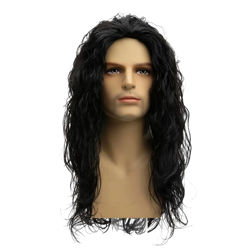 Qnbiar Long Curly Wavy Black Wigs for Men Synthetic Natural Party Halloween Cosplay Hair Wig