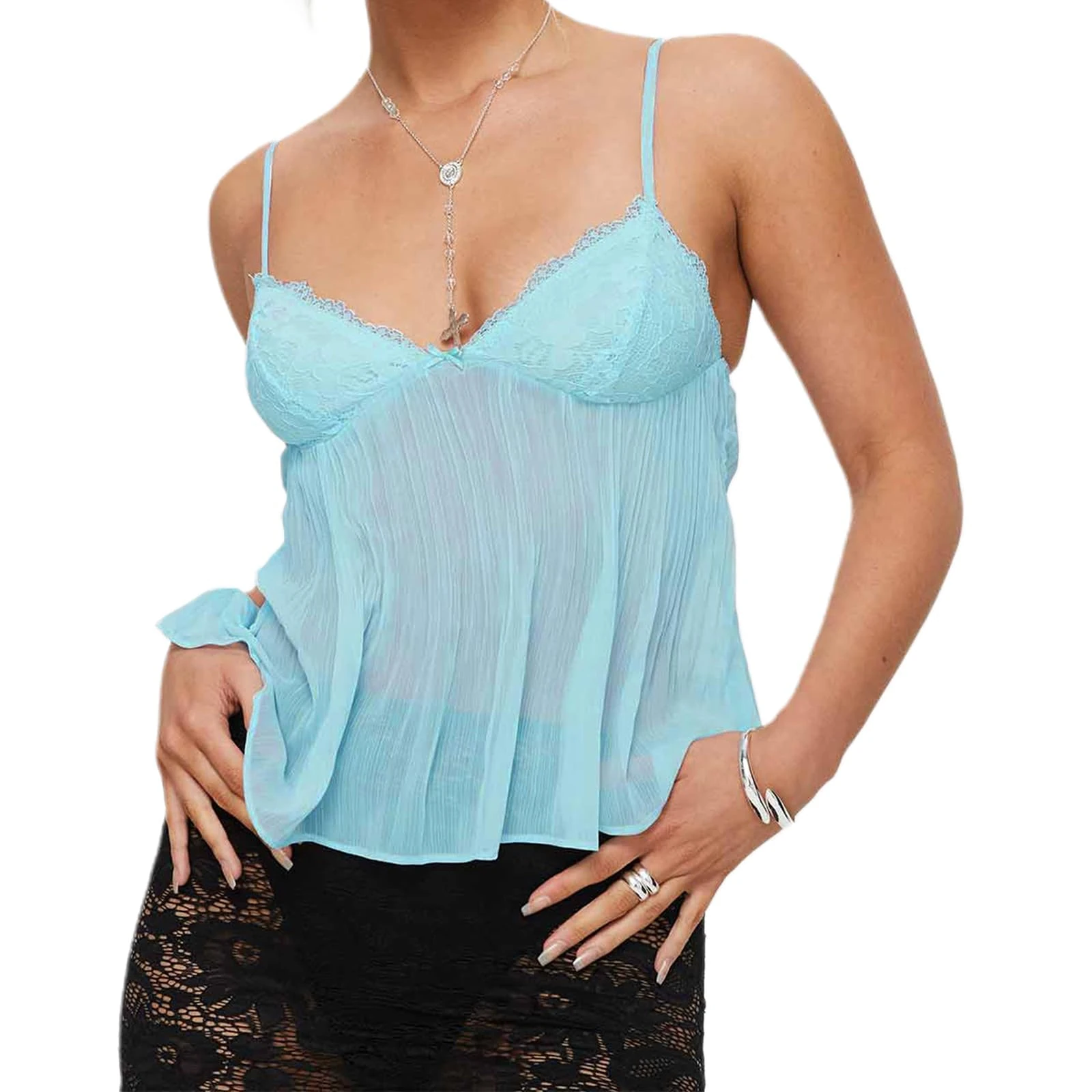 Geagodelia Women's Sexy Spaghetti Vest Top Summer Cami Tank Top Ladies Camisole Crop Top Y2K Fashion Aesthetic Clothes Going Out Tops Outfit UK (B - Blue See Through, S)