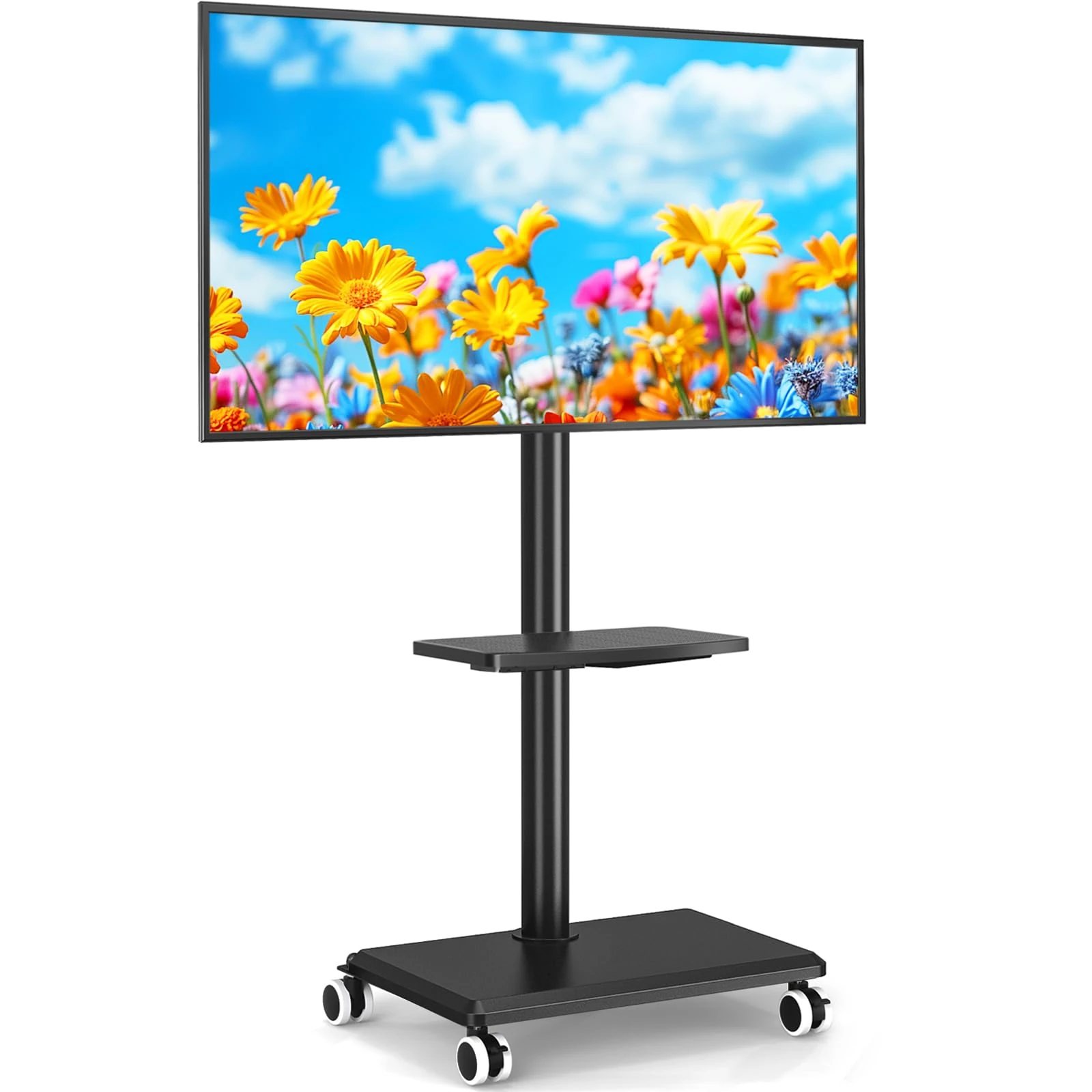 5Rcom TV Stand on Wheels for 27-55 Inch TV, Black Mobile TV Cart Trolley TV Stand Height Adjustable Swivel with Wood Base Max VESA 400x400mm Holds 35kg