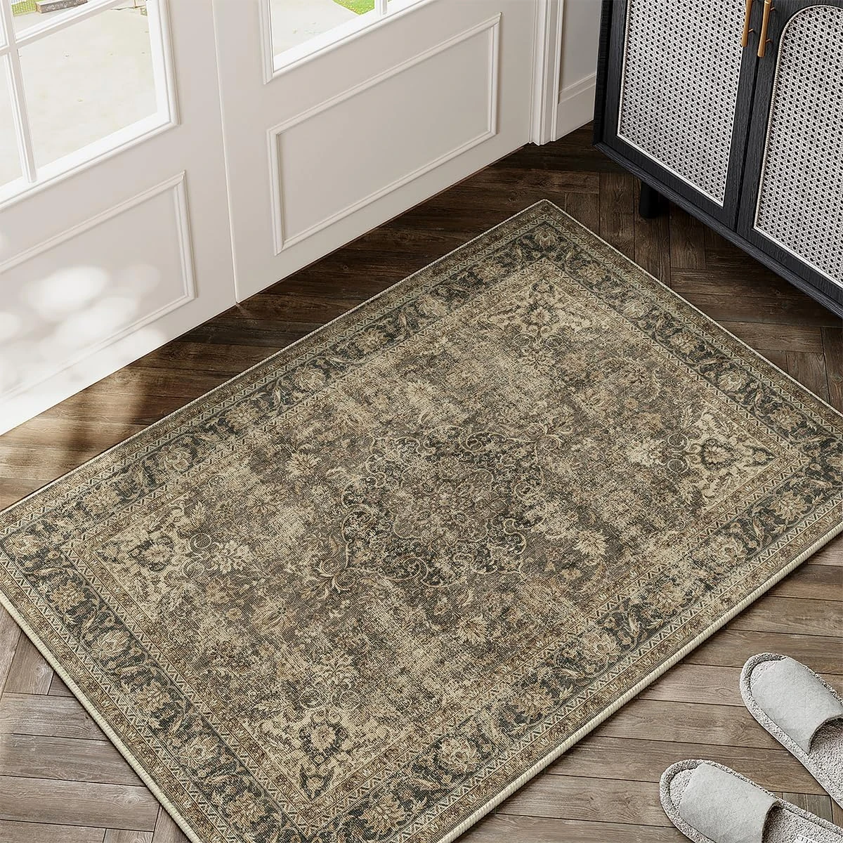 HUGEAR Vintage Door Mat Brown Small Area Rug 60x90cm Non Slip Washable Rugs Lounge Doormat Bedside Office Outdoor Bedroom Kitchen Indoor Carpet Low Pile Carpets