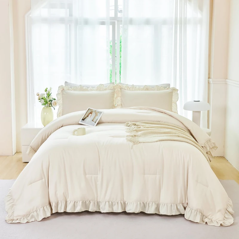 ANGIYUIN 5 Pieces Camel Twin Size Comforter Set for Kids Girls Ruffled Bedding Set Boho Farmhouse Bed Sets Shabby Fluffy Elegance Bed in A Bag with Sheets(Camel Twin)