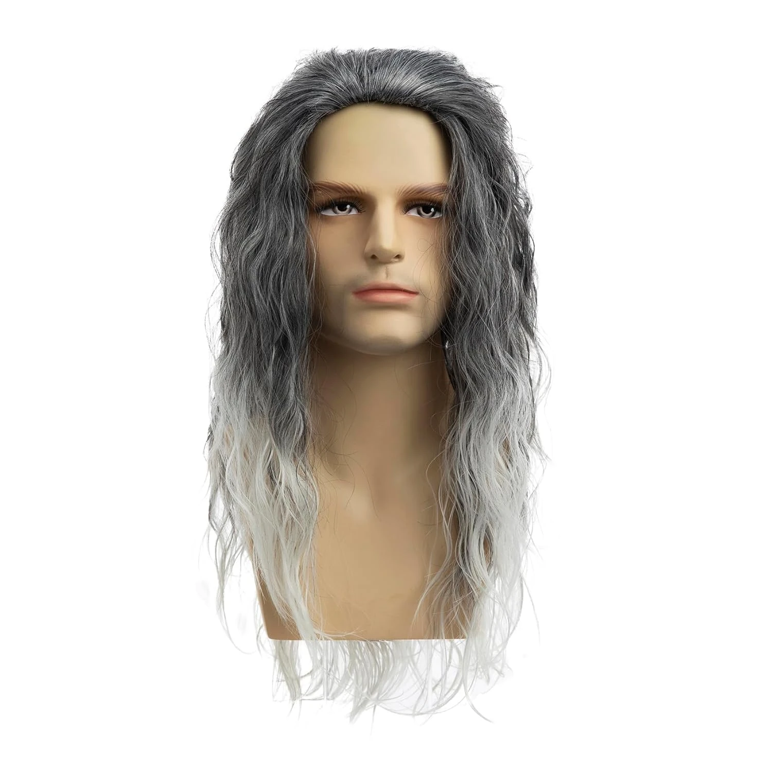 Qnbiar Men's Long Curly Wave Grey Wig Synthetic Natural Party Halloween Cosplay Wig