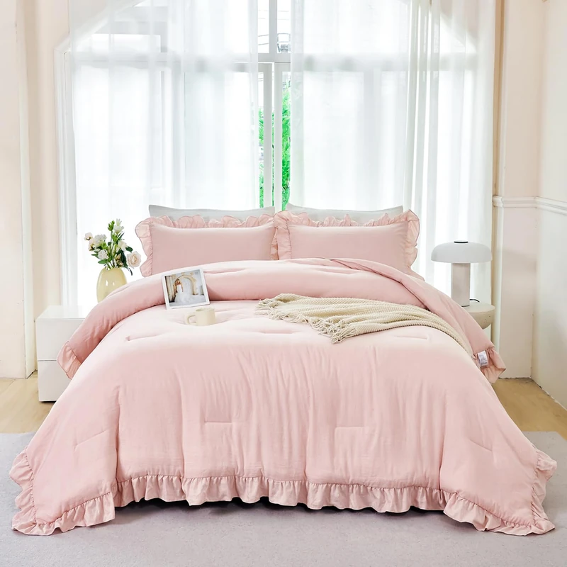 ANGIYUIN 5 Pieces Blush Pink Queen Size Comforter Set Ruffle Bedding Sets Soft Farmhouse Bed in A Bag with Sheets Solid Solor Fluffy Bed Sets with Pillowcases(Blush Pink Queen)