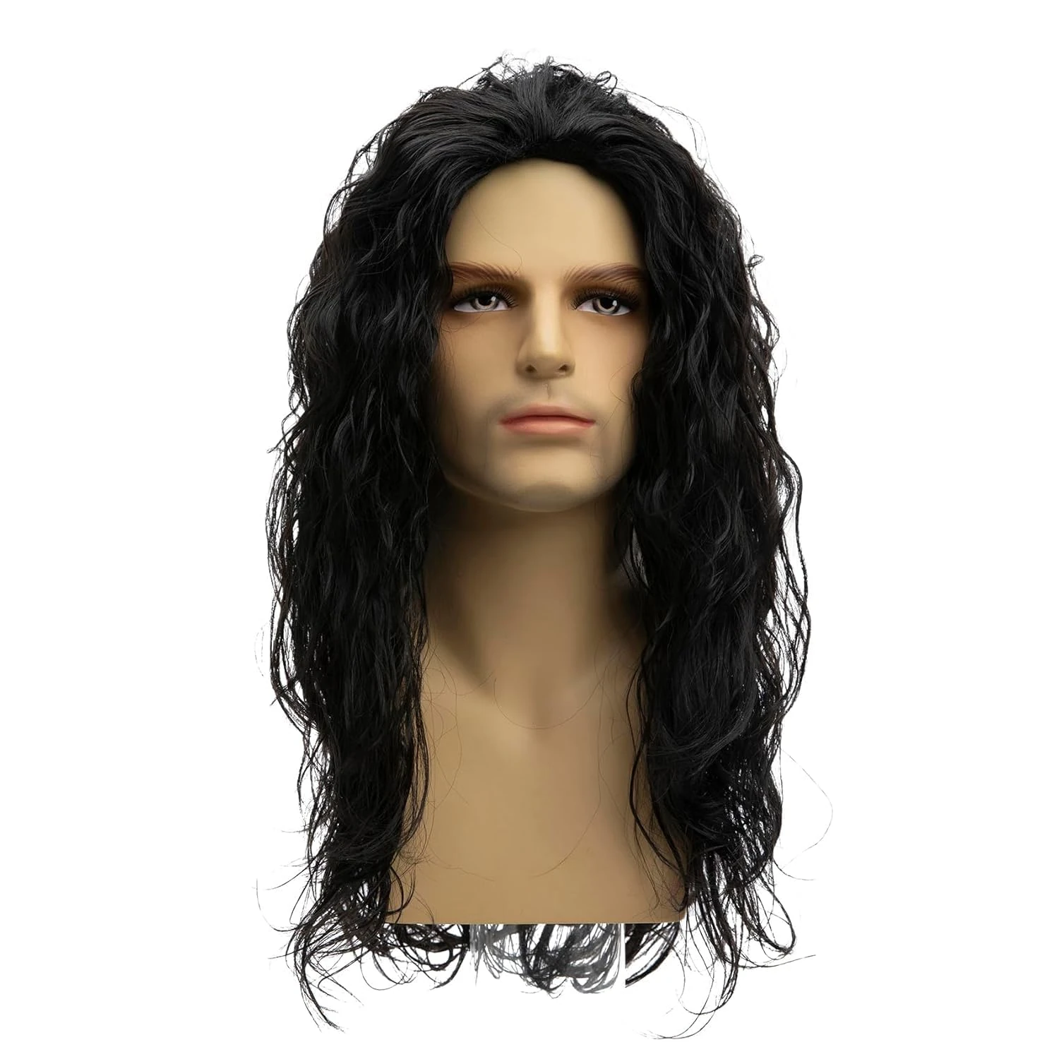 Qnbiar Men's Long Curly Wave Black Wig Synthetic Natural Party Halloween Cosplay Wig