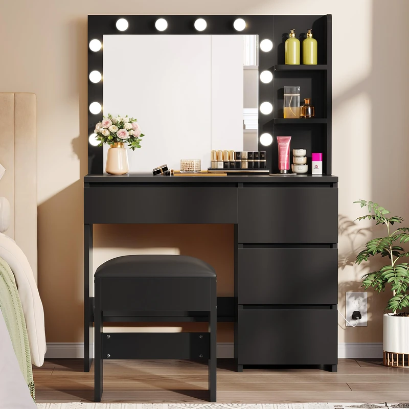 YITAHOME Dressing Table with Mirror and Stool, White Makeup Vanity Desk Dressing Table with Drawers, Open Shelves Morden Bedroom Dressing Tables with 12 LED Lights Adjustable Brightness, Black