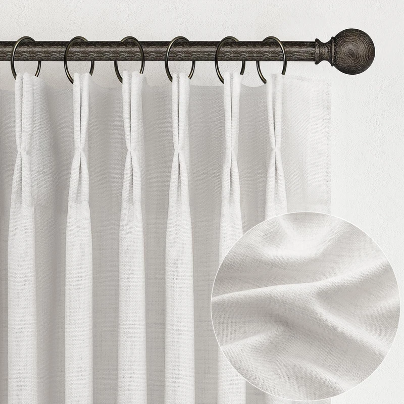 Off Beige White Farmhouse Kitchen Sheer Curtains 45 Inch Length 2 Panels, Cute Memory Trained Pinch Pleated Linen Semi Through Mini Drapes 40 x 45 Inches Short Light Filtering Curtain for Laundry Room