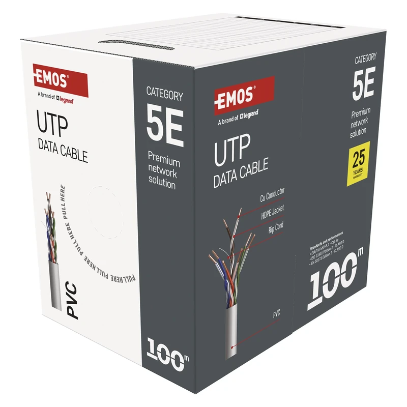 EMOS - UTP network cable CAT 5e, 100m, PVC - CAT5e patch cable UTP - Gigabit LAN cable - unshielded Ethernet cable - for indoor use