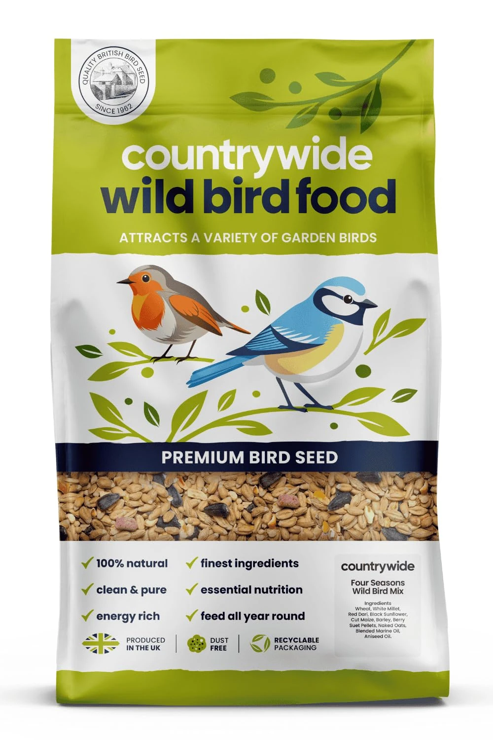 Countrywide Four Seasons Wild Bird Seed 20kg - 100% Natural - All Year Round Bird Food Mix for Small Garden Birds - Includes Black Sunflowers, Suet Pellets and Aniseed Oil - Dust Free