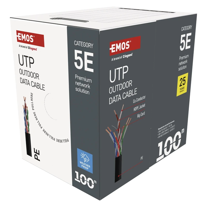 EMOS - UTP network cable CAT 5e, 100m, PE - CAT5e patch cable UTP - Gigabit LAN cable - unshielded Ethernet cable - for outdoor use