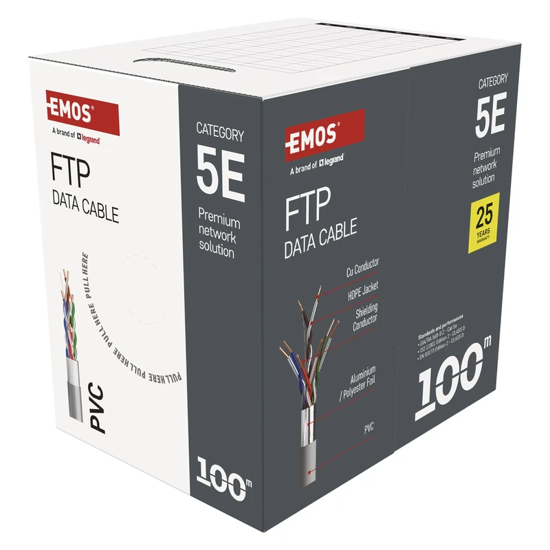EMOS - FTP network cable CAT 5e, 100m, PVC - CAT5e patch cable FTP - Gigabit LAN cable - shielded Ethernet cable - for indoor use