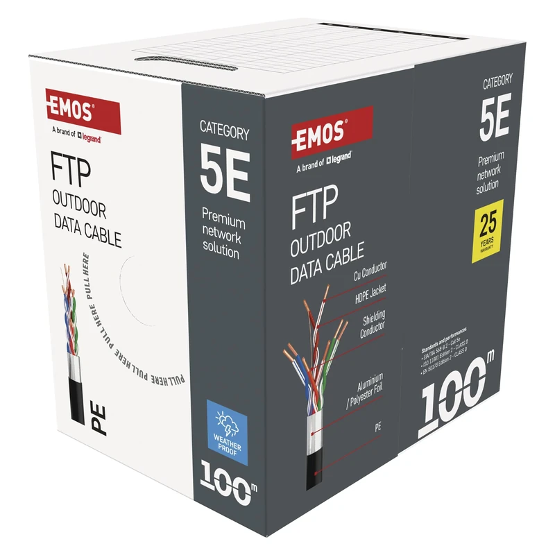 EMOS - FTP network cable CAT 5e, 100m, PE - CAT5e patch cable FTP - Gigabit LAN cable - shielded Ethernet cable - for outdoor use