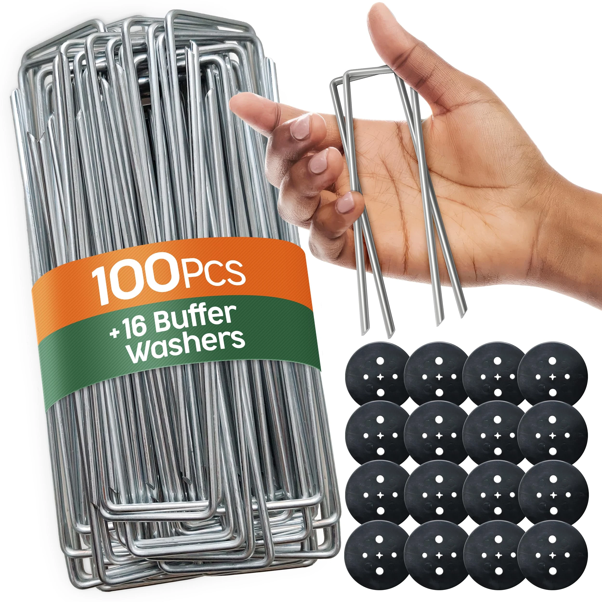PORTENTUM Weed Membrane Pegs 100 pcs + 16 Washers – 6 Inch/150mm U-Shaped – Heavy-Duty Artificial Grass Pins for Camping and Gardening