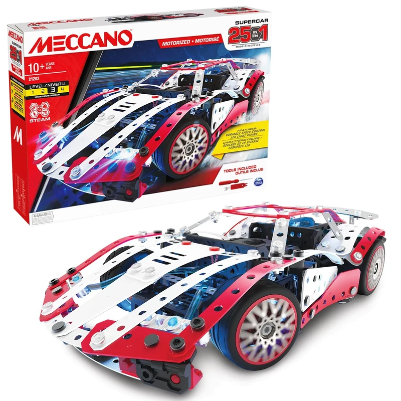 Bandai - Meccano Supercar 25 in 1 - Construction Set 25 Models - 347 Pieces Including 6 Volt Engine, LED, Tools, Instructions - Supercar Assembly Activity Kit - Children's Toy 10+ - APM20105