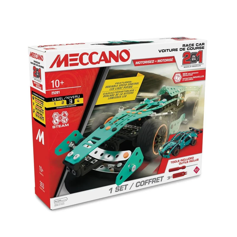 BANDAI - Meccano Racing Car 2-in-1 - Construction Set 2 Models Formula 1-353 Parts, Tools, Instructions - Activity Kit Assembly F1 Cars/Supercar - Toy from 10 Years - APM20108