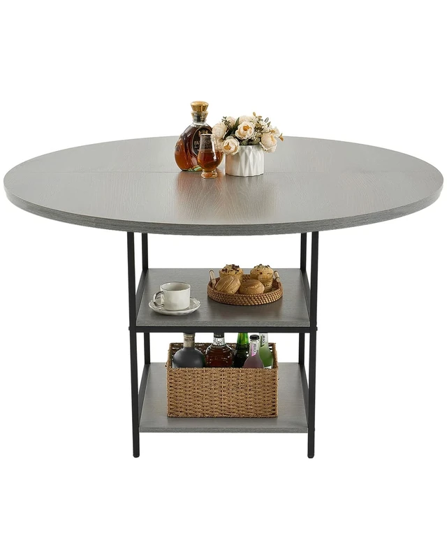 VEVOR Round Dining Table, 47 inch Wood Table for 2-4 Person, Modern Circle Dinner Furniture, Leisure Tables with Storage Shelf and Metal Legs, for Home Kitchen Living Room, Grey (Only Table)