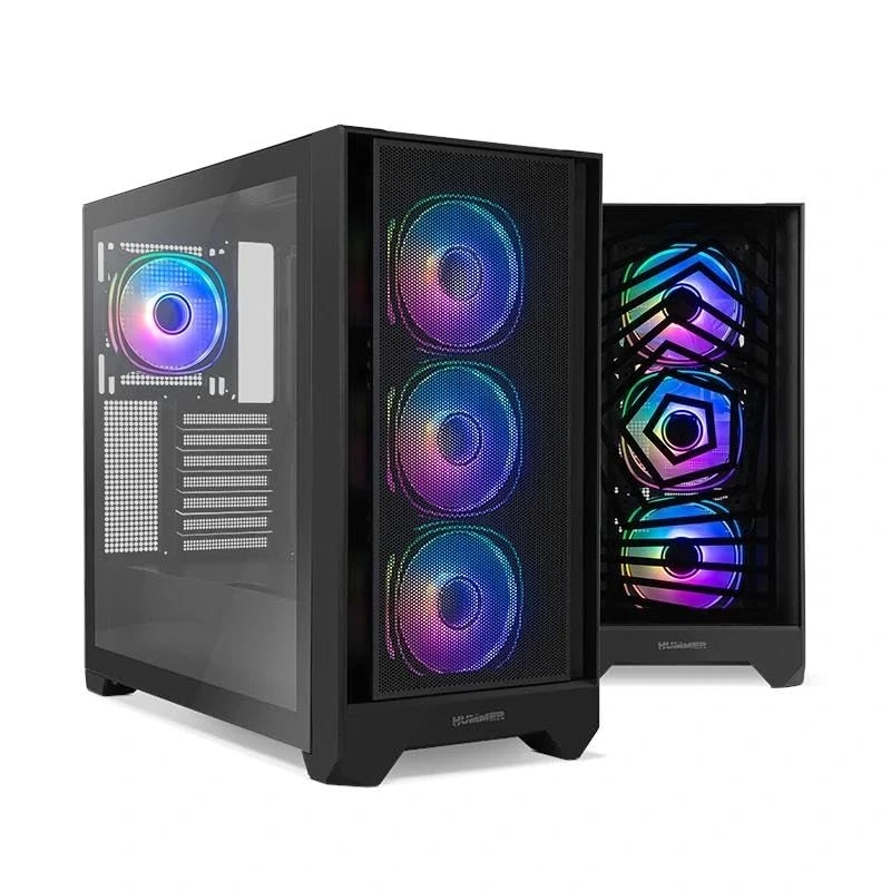 Mid-tower case with Hummer design, efficient cooling system, space for multiple hard drives and expansion, ideal for gaming and home use.