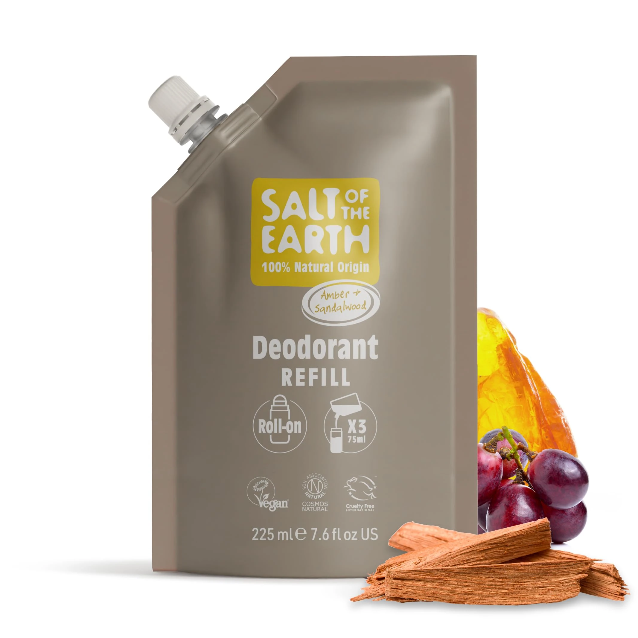 Salt of the Earth - Natural Deodorant Roll On Refill Pouch, x3 Uses - Amber & Sandalwood - Vegan, Long Lasting Protection, Leaping Bunny Approved, Made in the UK - 225ml