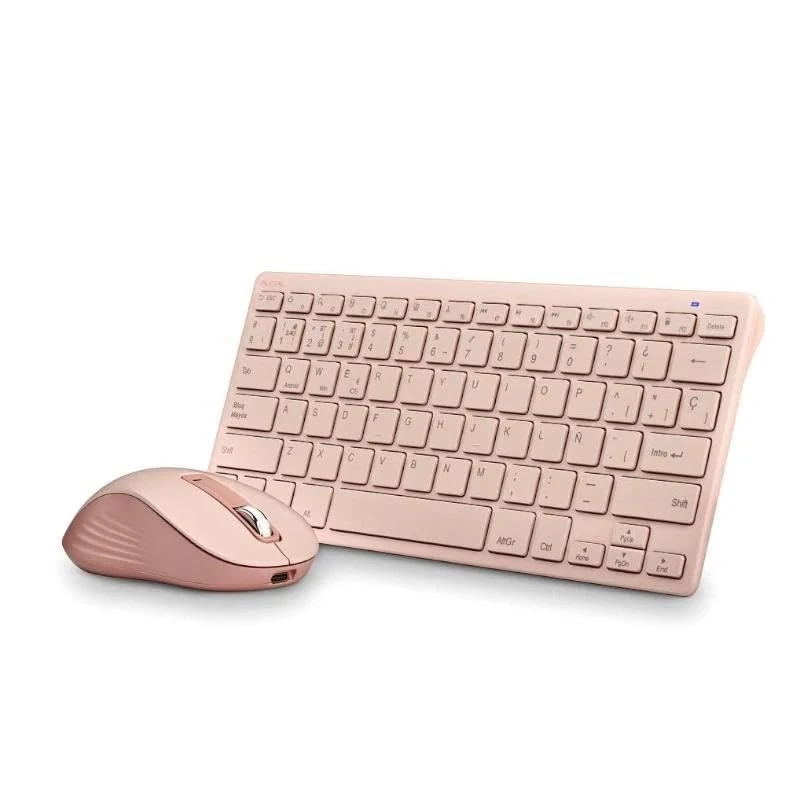 Silent Compact Keyboard and Silent Mouse 1600dpi, 5 Buttons, 2.4GHz Connection, BT1 and BT2, Pink – Ideal for Work and Gaming.