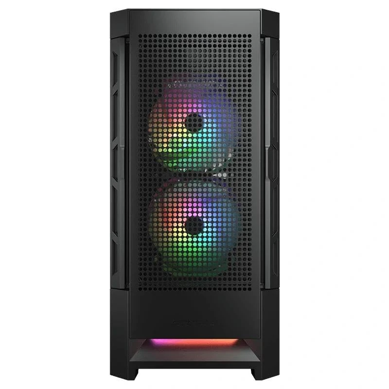 RGB semi-tower case, optimized ventilation, two fans included, elegant design in black, ideal for gaming and high-performance components.