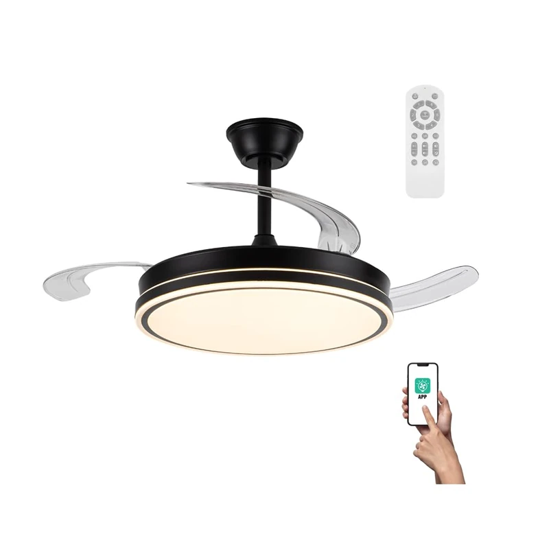 Miso Evo Black 72W Folding Blade LED Fan with Ignition Memory, APP, CCT Remote Control 3000-4000-6000K, Dimmable Intensity, Silent