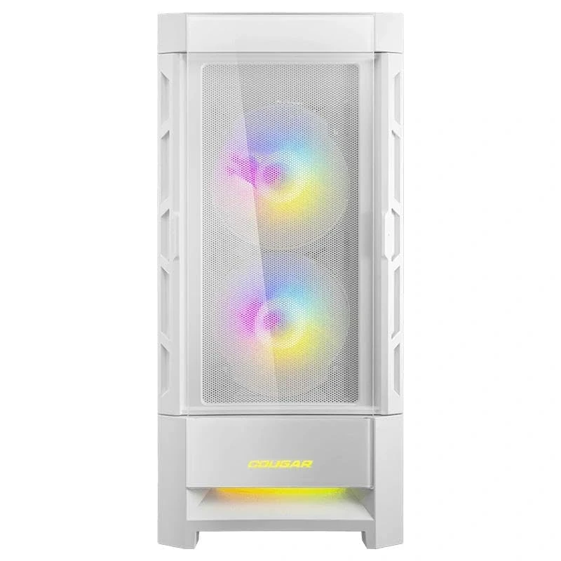 White RGB semi-tower case with dual design, optimized ventilation, and advanced hardware space. Ideal for gamers and PC enthusiasts.