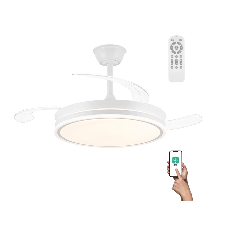 Miso Evo White 72W Folding Blade LED Fan with Ignition Memory, APP, CCT Remote Control 3000-4000-6000K, Dimmable Intensity, Silent