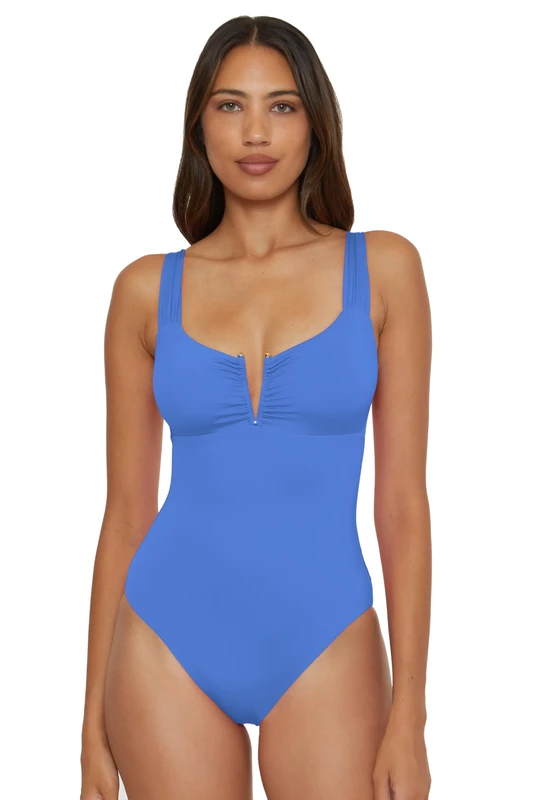 BECCA Women's Color Code V-Wire Shirred One Piece Swimsuit, Plunge Neck, Bathing Suits, Cornflower, S