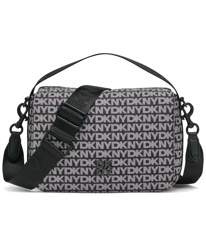 DKNY Women's Jenny Flap Shoulder 100% Polyester with PU Trim, Black Logo and Black