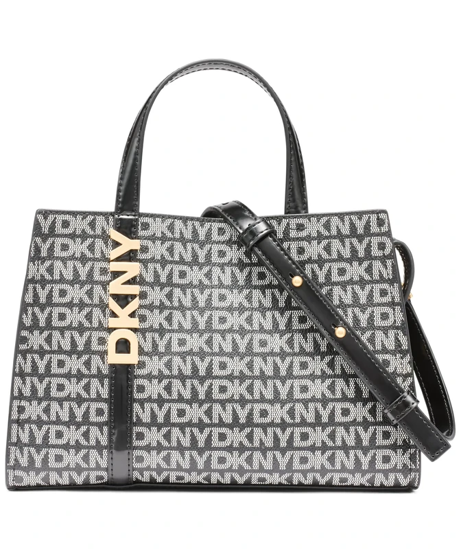 DKNY Women's Avril Small Satchel Crossbody 100% PVC with PU Trim, Black Logo and Black