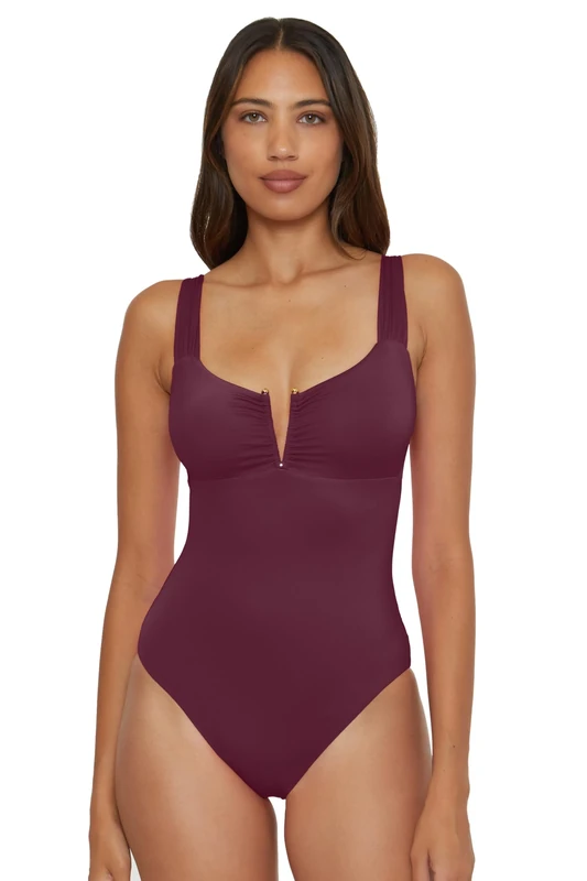 BECCA Women's Standard Color Code V-Wire Shirred One Piece Swimsuit, Plunge Neck, Bathing Suits, Aubergine, S