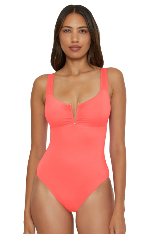 BECCA Women's Color Code V-Wire Shirred One Piece Swimsuit, Plunge Neck, Bathing Suits, Coral Crush, S