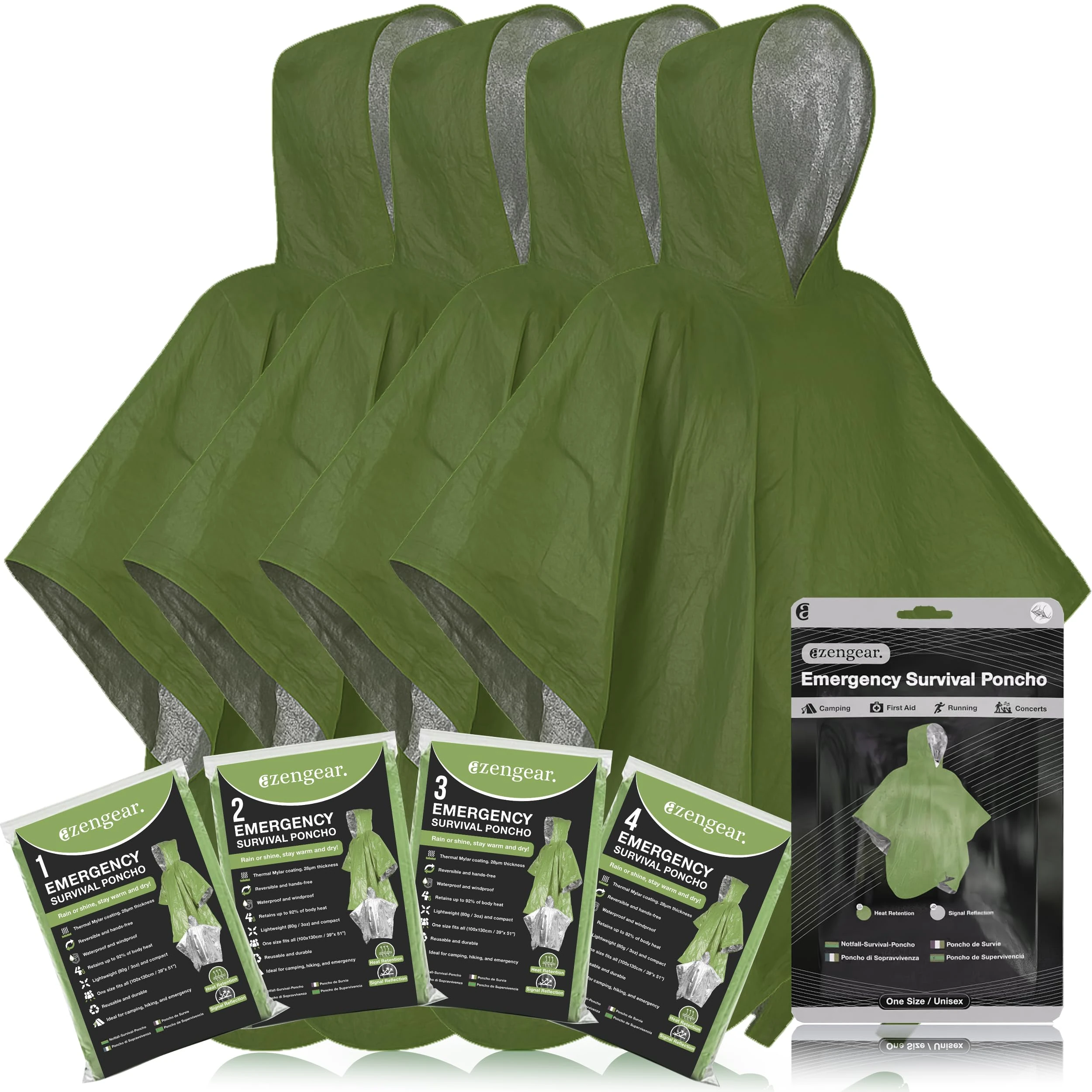 aZengear Emergency Survival Poncho (4pc) Thermal Mylar Foil Coating Blanket for Heat Retention and Rain | Reversible with Hood | Waterproof, Windproof, Hands-free, Outdoor Kit (Green)