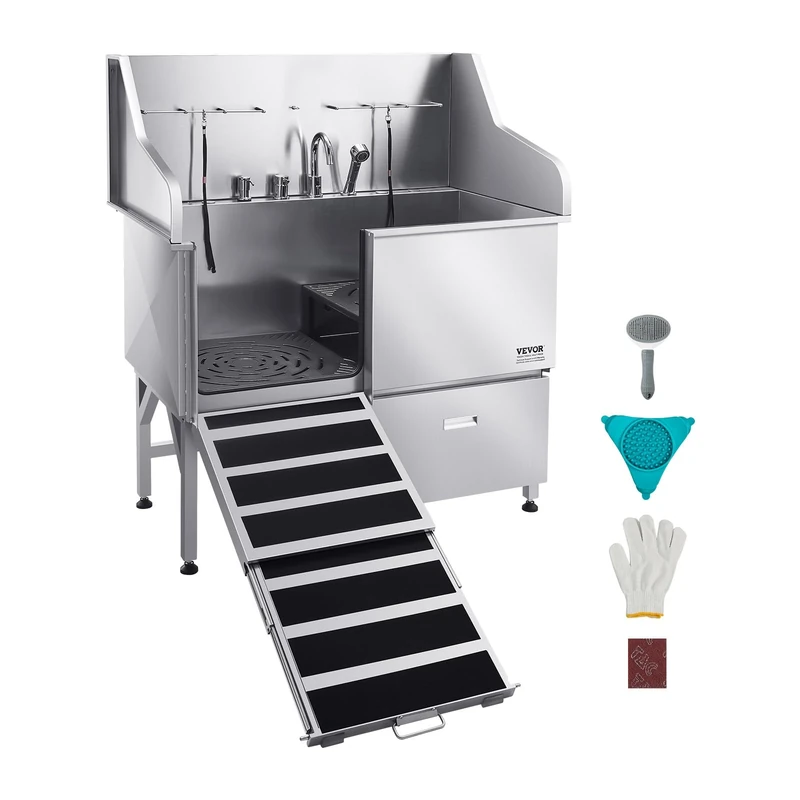 VEVOR Stainless Steel Dog Washing Station, 127 cm Pet Grooming Tub w/Ramp, Faucet & Showerhead & Soap Holder Leash Dog Bathtub for Large & Medium & Small Pets (Left Door)