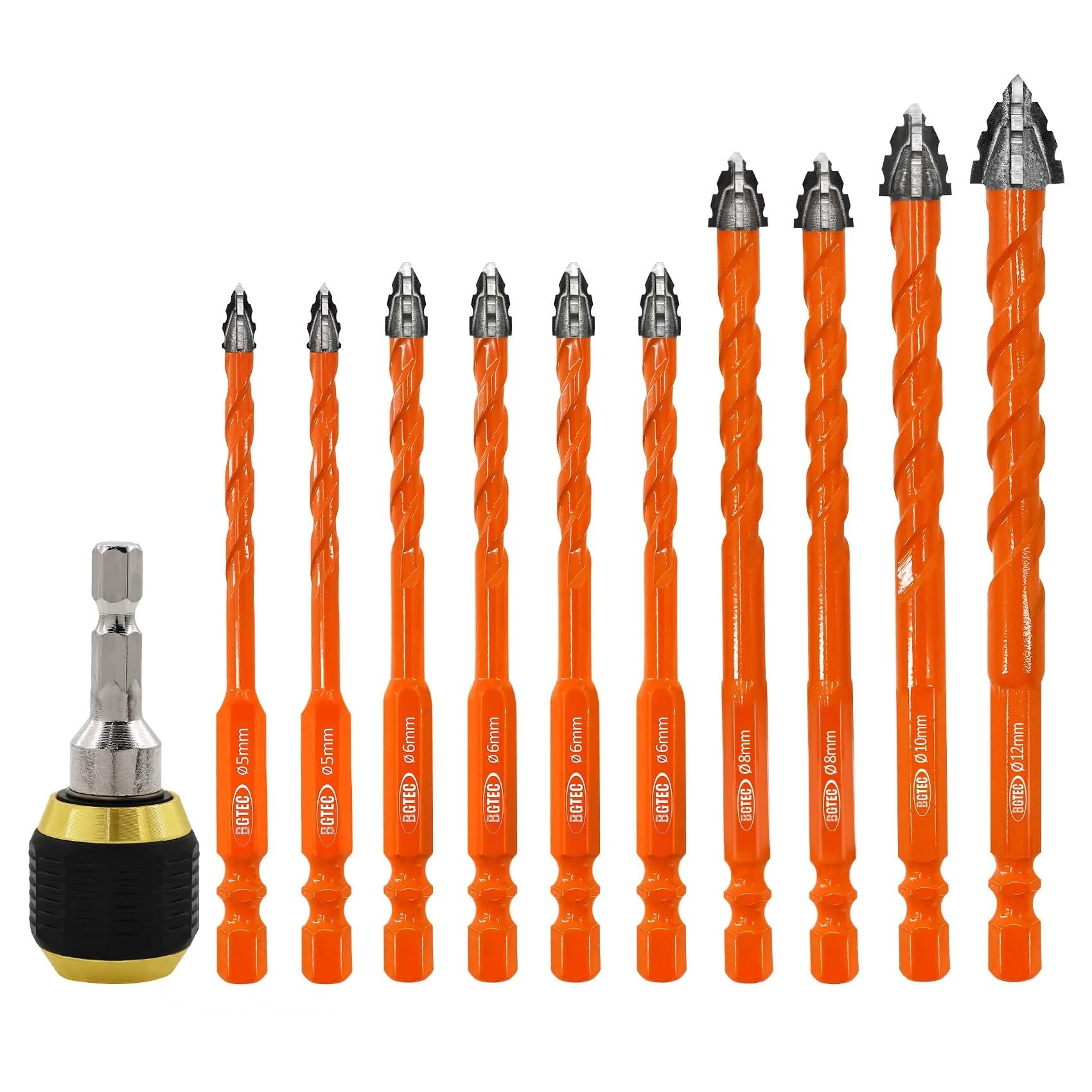 BGTEC Serrated Carbide Masonry Drill Bit Set - 10PCS 5 * 2+6 * 4+8 * 2+10+12MM Multi-Purpose Wood Drill Bits with Quick-Release Chuck for Masonry, Wood, Plastic, Brick, Tile, Glass, Concrete, Marble