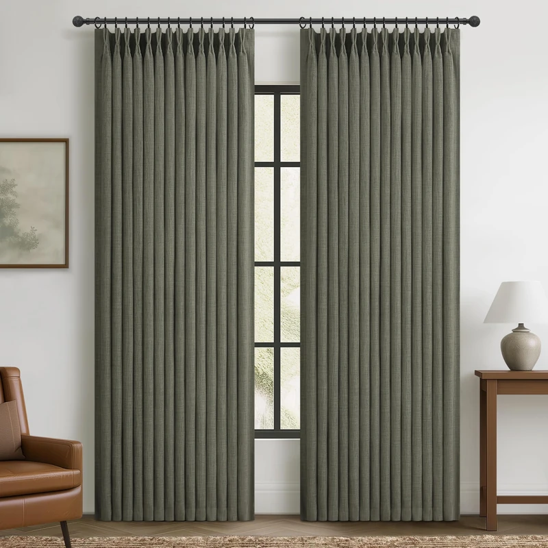 100% Blackout Greenish Gray Curtains 90 Inches Long for Kids Room, Memory Shape Pinch Pleated Natural Linen 40 x 90 Inch Length Aesthetic Curtain Privacy Light Block Window Drapes for Nursery Panels 2