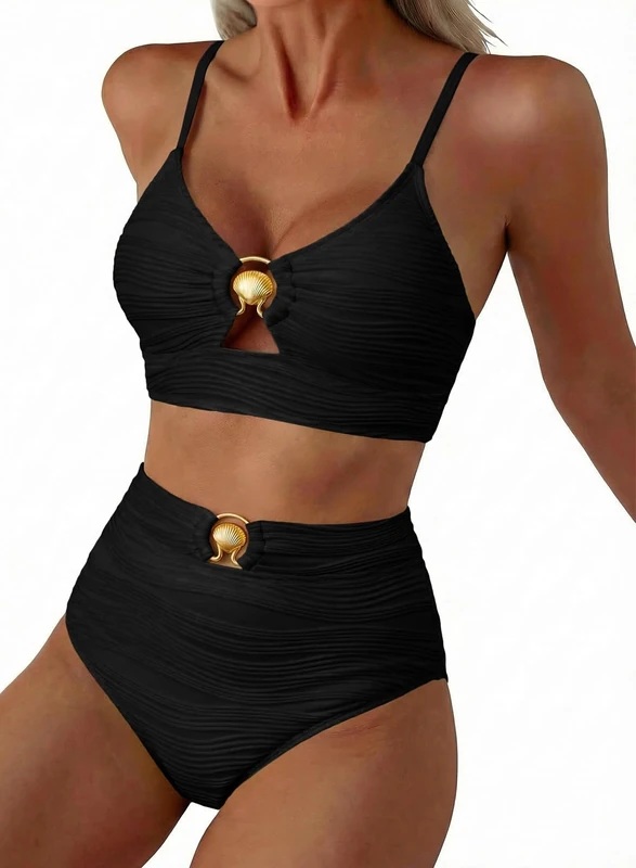 Herseas 2 Piece Bestselling Bikini Set Metal Ring Cutout Swimsuit High Waisted Textured 2025 Summer Beach Bathing Suits, Black, S