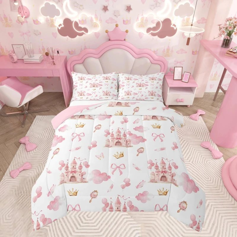 Feelyou Kids Pink Castle Duvet Insert King Size, Cute Bowknot Comforter Set Boys Girls Girls Dreamy House Bedding Set Fairytale Teens Bedroom Decor Bed Set 3Pcs