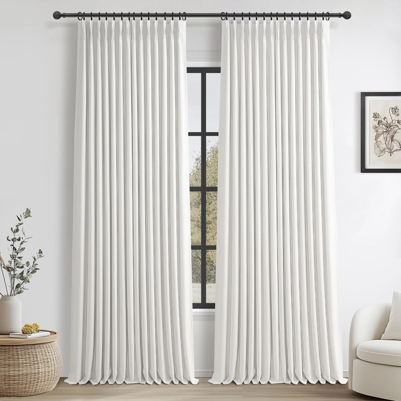 Pinch Pleated Drapes 2 Panel Set Blackout Curtains 90 Inches Long for Kids Room, Petty Faux Linen Memory Trained Pleat Pure White Curtain with Hooks Rings Heat Blocking Nursery Window Burg 40"W x 90"L