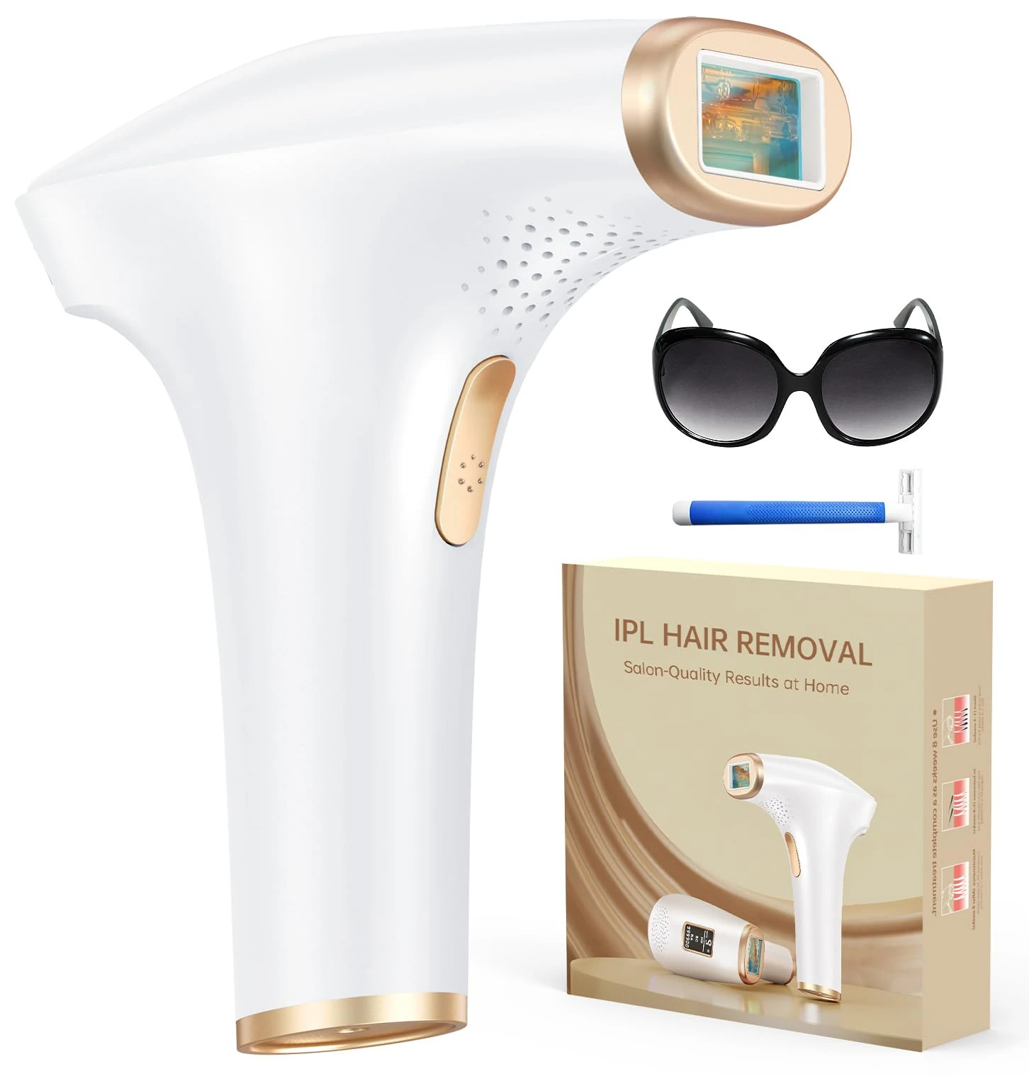 Haarlosy IPL Laser Hair Removal Device with 3-in-1, Faster, Salon Quality Result, at Home IPL Laser Hair Remover Machine for Women and Men, Face, Bikini Line, Body, Leg, Armpit, 9 Level, White Gold