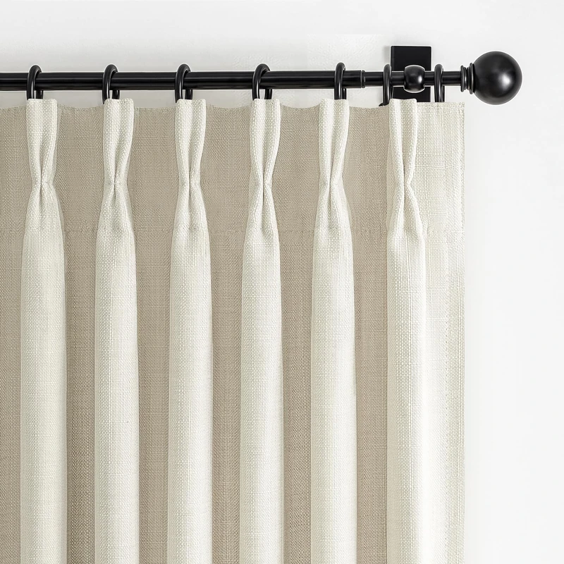 Pinch Pleated Cream Blackout Curtains 84 Inches Long for Bedroom 2 Panels Set, Modern Heavy Linen Thermal Noise Canceling Viral Drapes Ceiling Track Curtain for Living Room 84 Inch Length Sand Beige