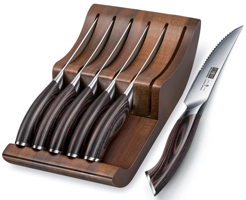 HOSHANHO Steak Knives Set of 7, 4.5 Inch Serrated Steak Knife Set with Block, Japanese High Carbon Steel Kitchen Steak Knives with Ergonomic Handle