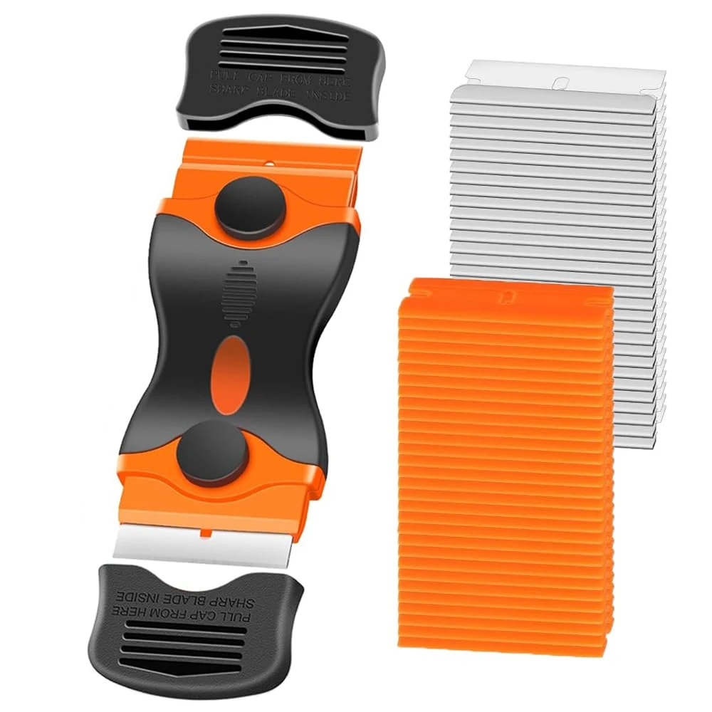 Window Scraper Tool - Double Edged Non Scratch Scraper Cleaning Tool with 20Pcs Replacement for Hob Oven, Cooktop, Windows, Sticker, Wallpaper, Glass or Paint Removal