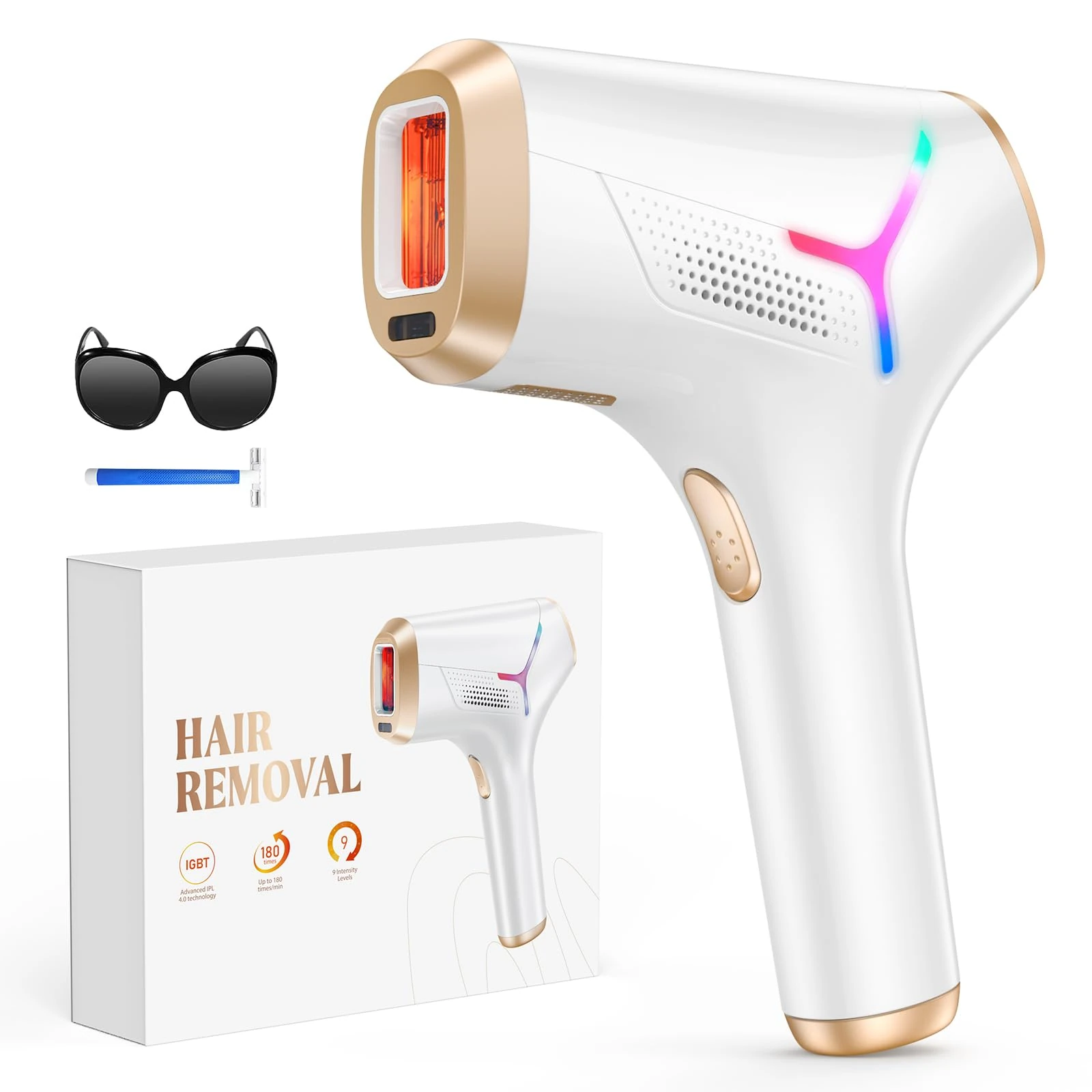Haarlosy IPL Laser Hair Removal Device for Women and Men, IGBT Painless at-Home Laser Hair Remover Machine for Upper Lip, Bikini Line, Body, Salon Quality, Faster Long Lasting Result, Gold