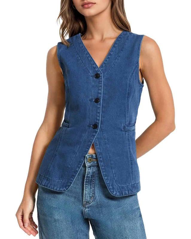 Kedera Denim Vest for Women Button Down Long Jean Waistcoat Casual Sleeveless Denim Jackets Slim Fit Jean Top, Dark Blue, Large