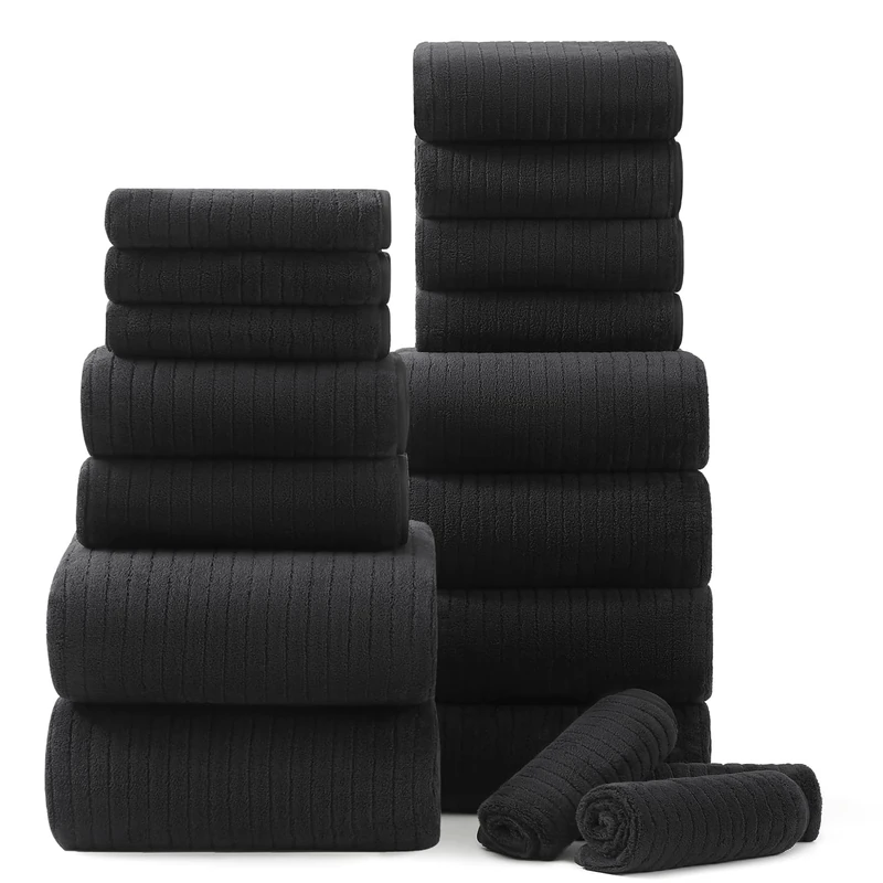 18 Piece Bath Towels Set,Super Soft Family Bathroom Towel Set with Hanging Loops-6 Bath Towels,6 Hand Towels,6 Washcloths,Highly Absorbent Quick Dry Shower Towel for Bathroom,Hotel,Spa-Black Towel Set