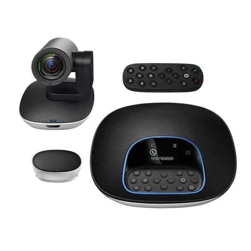 Full HD video conferencing equipment with 4 microphones and speaker, ideal for virtual meetings and online collaborations.