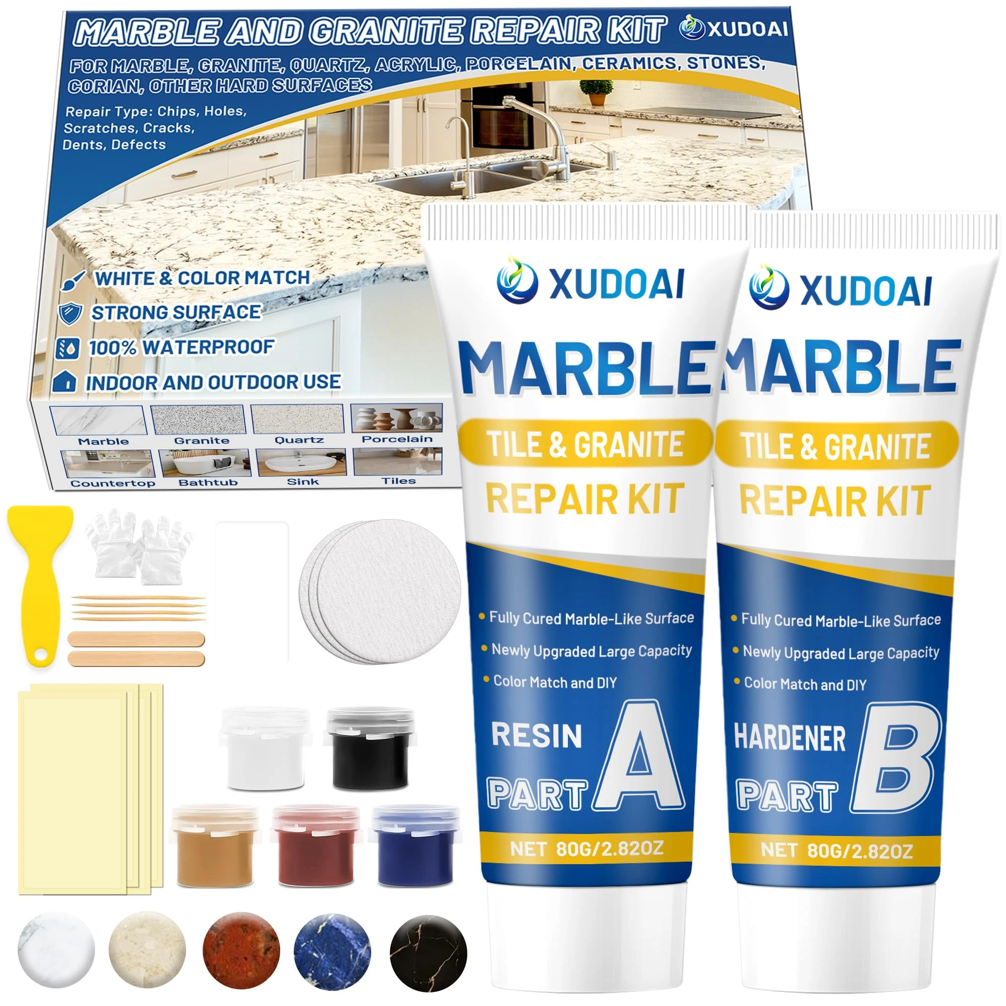 Marble and Granite Repair Kit (Color Match), 160g/5.64oz Quartz Countertop Repair Kit For Chips Holes Dents Defects Scratches Cracks, DIY Fix Reattaches Porcelain Tile Sink Stone Other Hard Surfaces