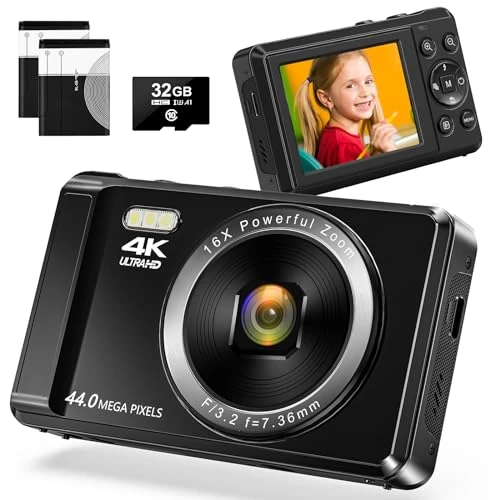 4K 44MP Digital Photography Camera with 16X Digital Zoom Compact with 32GB Card for Children Students Beginners