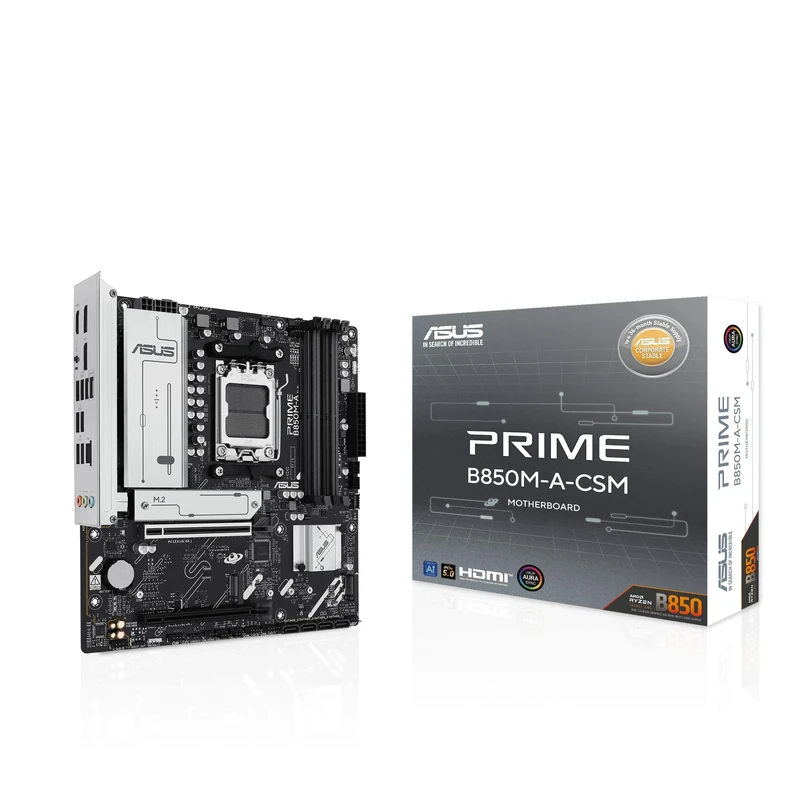 ASUS PRIME B850M-A-CSM, AMD mATX Motherboard, DDR5 Slot, PCIe 5.0 Ready, 3 M.2 Slots, Ethernet Realtek 2.5 Gb, DisplayPort, HDMI, Front USB-C 5 Gbps, BIOS FlashBack, Aura Sync
