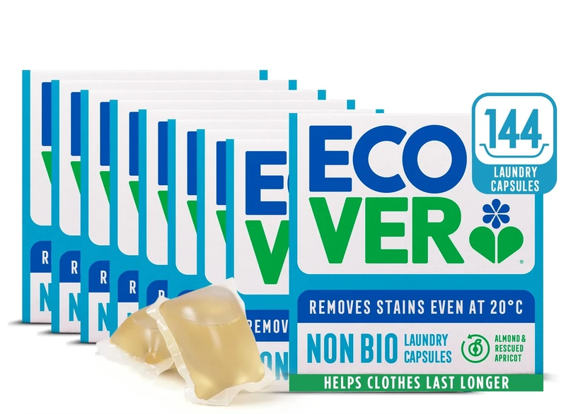 Ecover Non-Bio Washing Capsules - Fresh Almond & Rescued Apricot Scent, 8x Pack of 18 Capsules